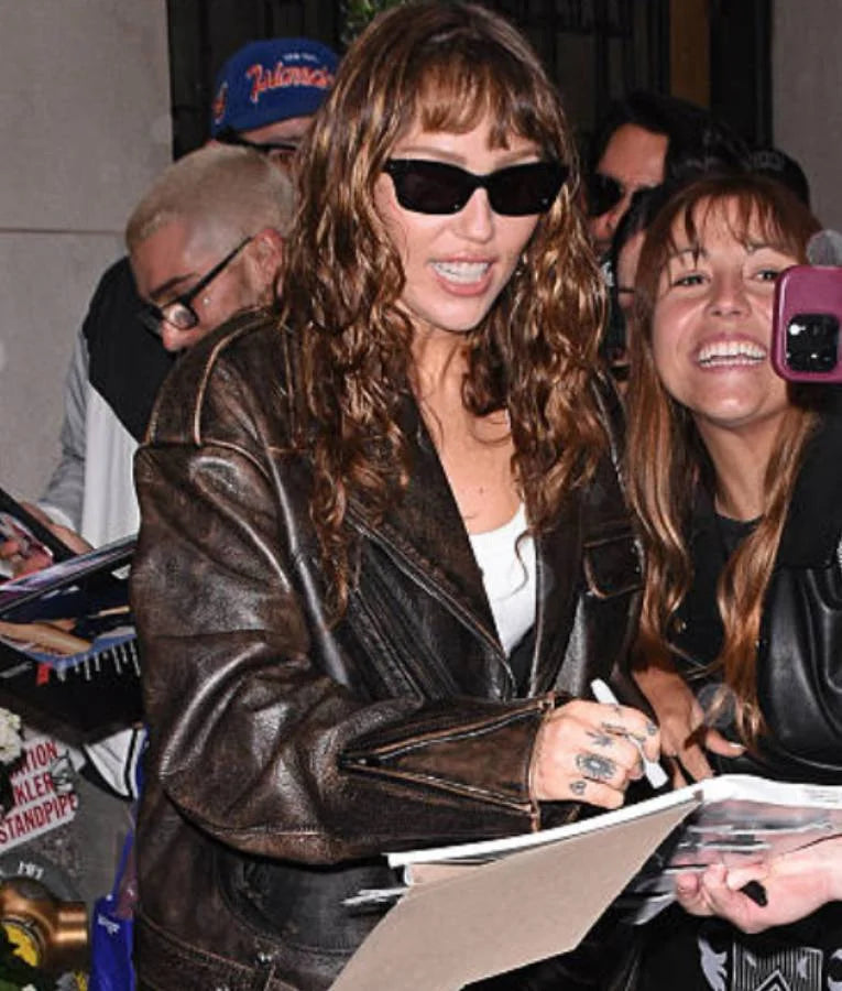 Miley Cyrus NYC 2025 Brown Leather Jacket