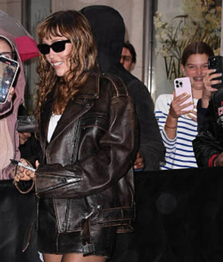 Miley Cyrus NYC 2025 Brown Leather Jacket