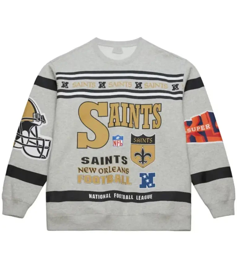 New Orleans Saints Heather Gray All Over Print Vintage Sweatshirt