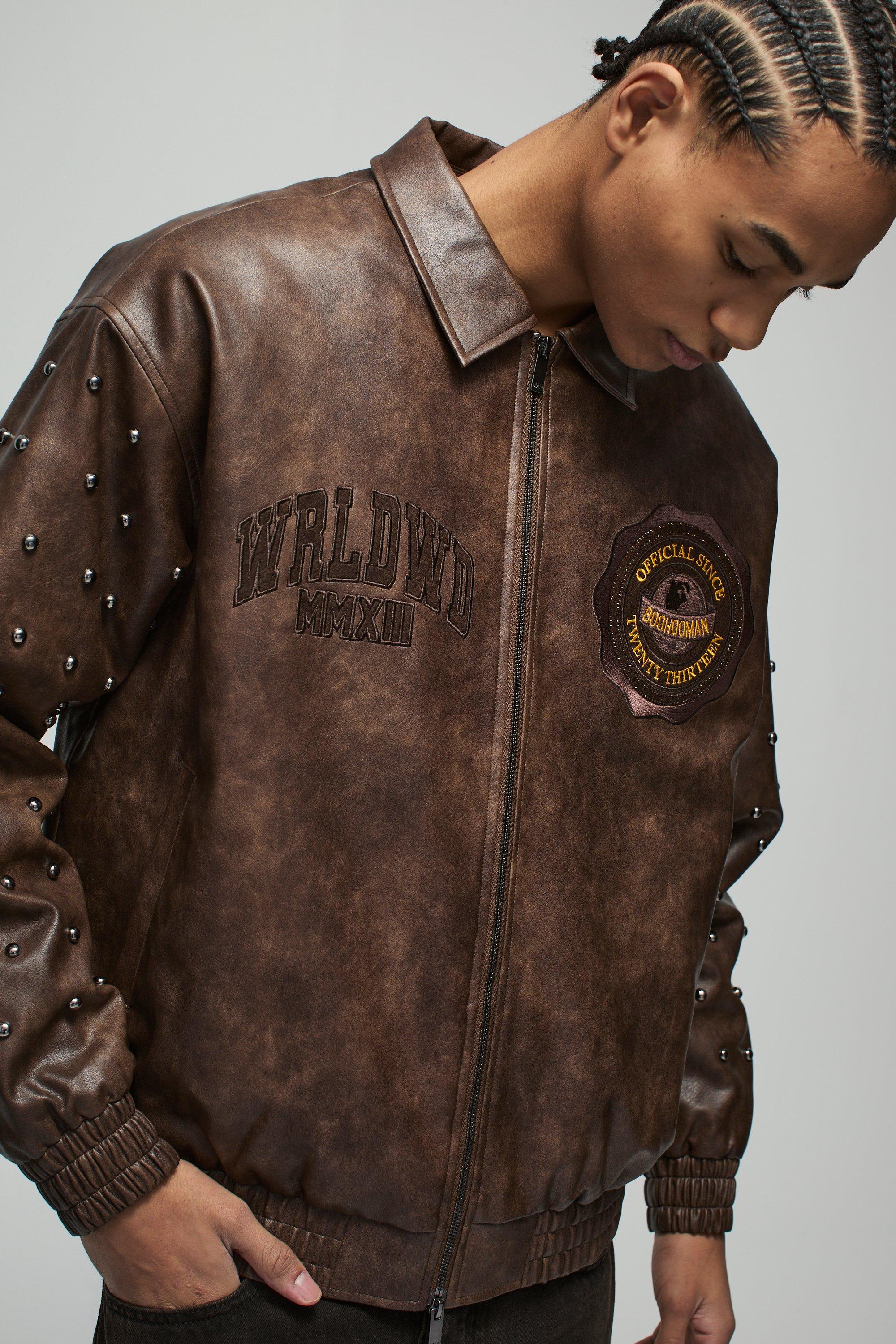 Oversized Western Applique Studded Collared Leather Jacket