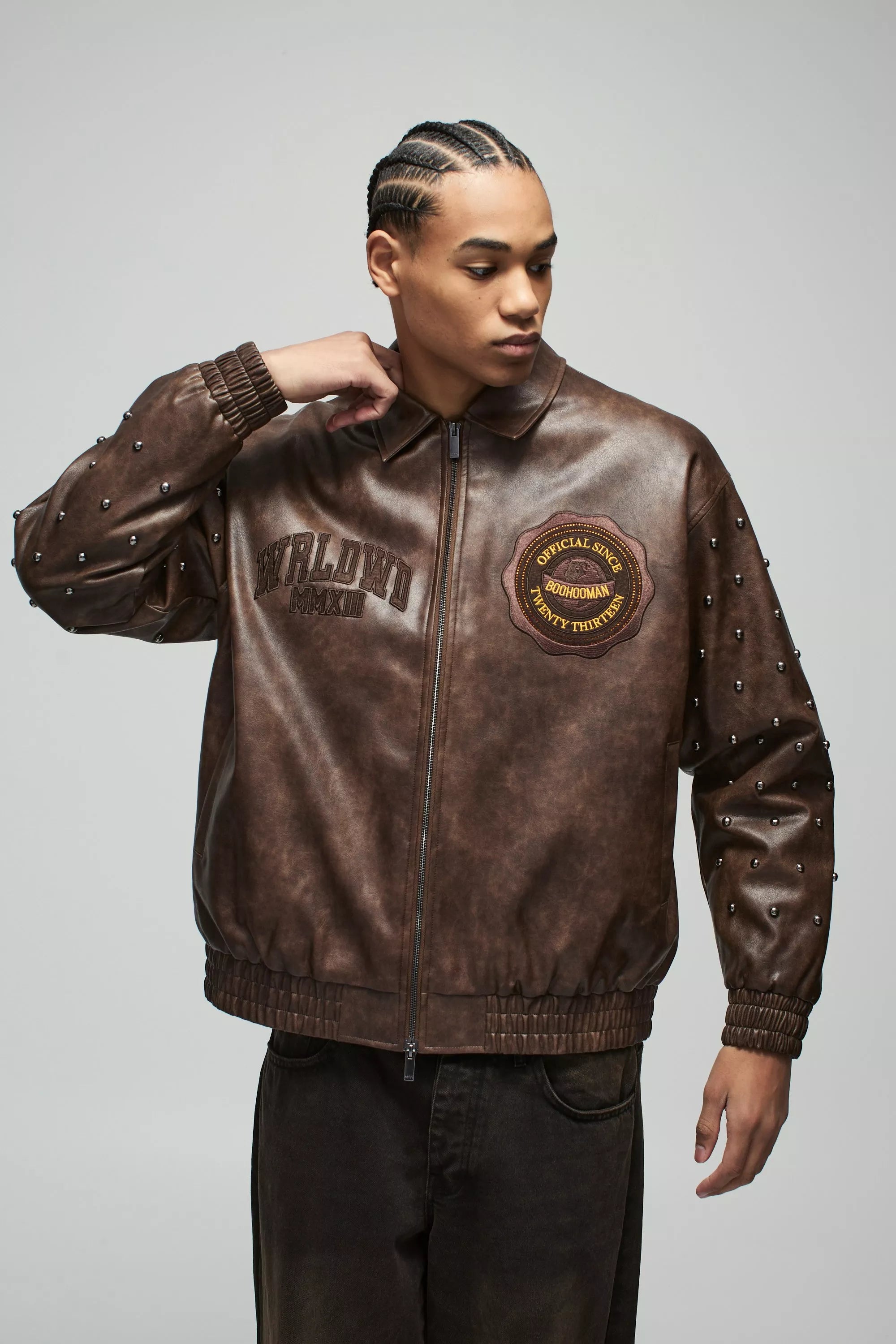 Oversized Western Applique Studded Collared Leather Jacket