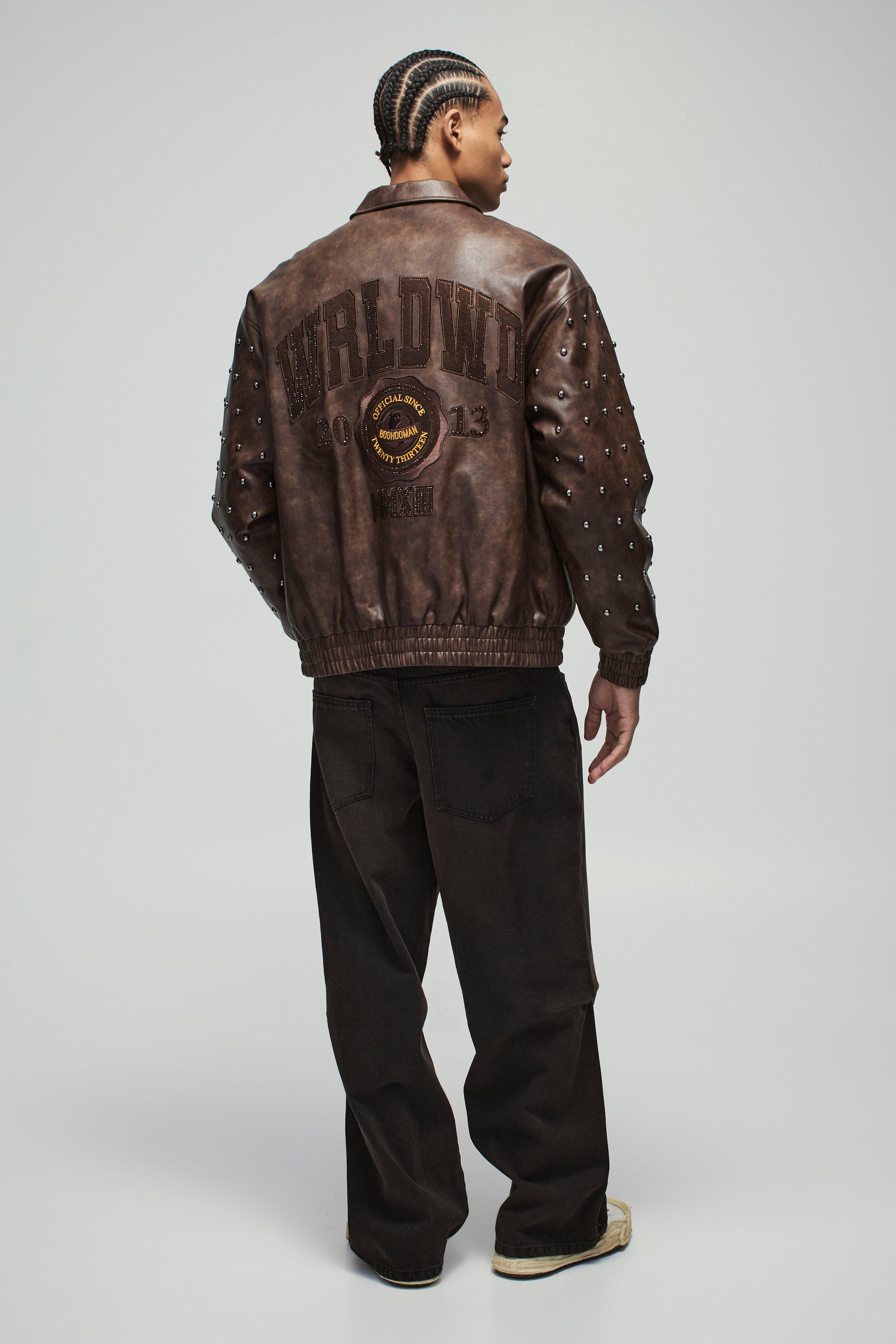Oversized Western Applique Studded Collared Leather Jacket