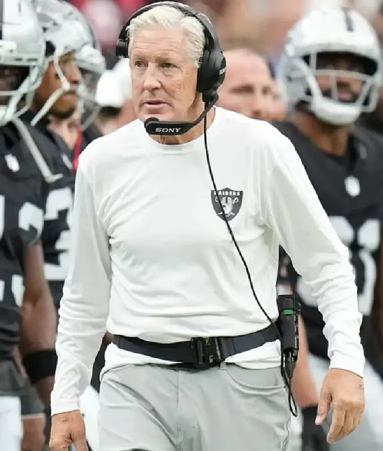 Pete Carroll NFL Preseason 2025 Raiders White Sweatshirt