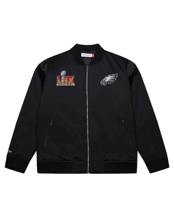 Philadelphia Eagles Mitchell & Ness Super Bowl LIX Champions Team Logo Satin Black Bomber jacket