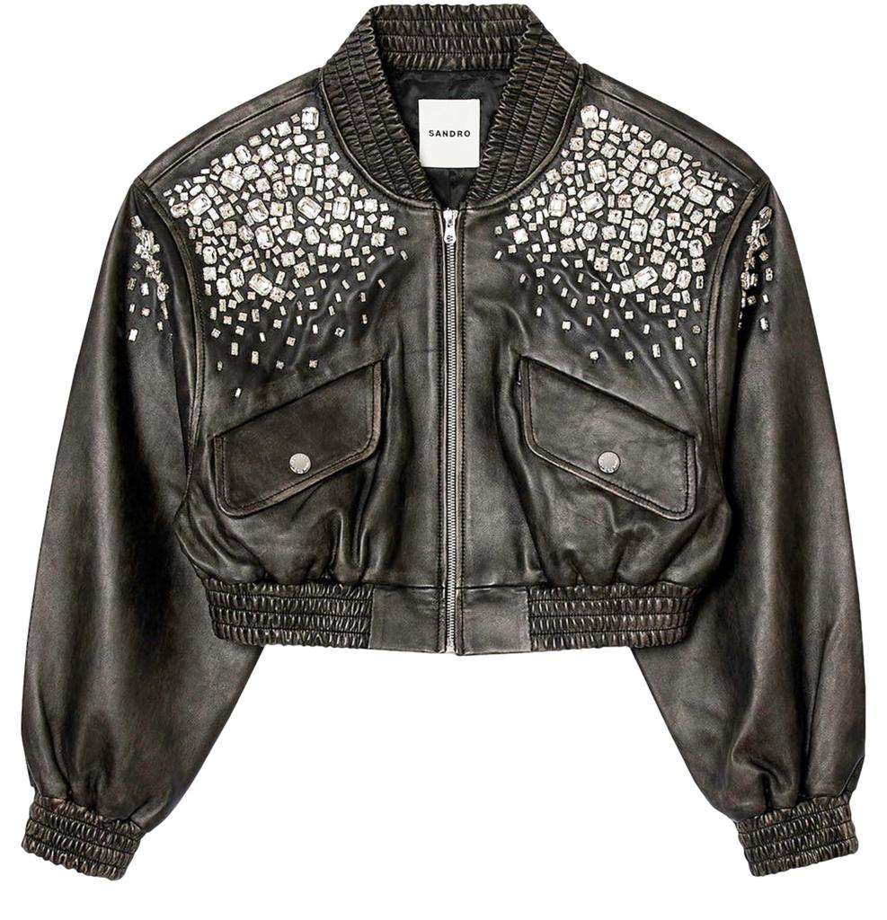 Sandro Crystal Studded Leather Jacket