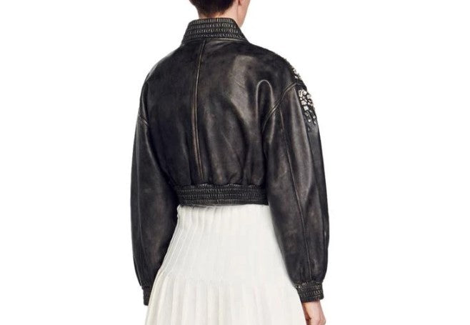 Sandro Crystal Studded Leather Jacket