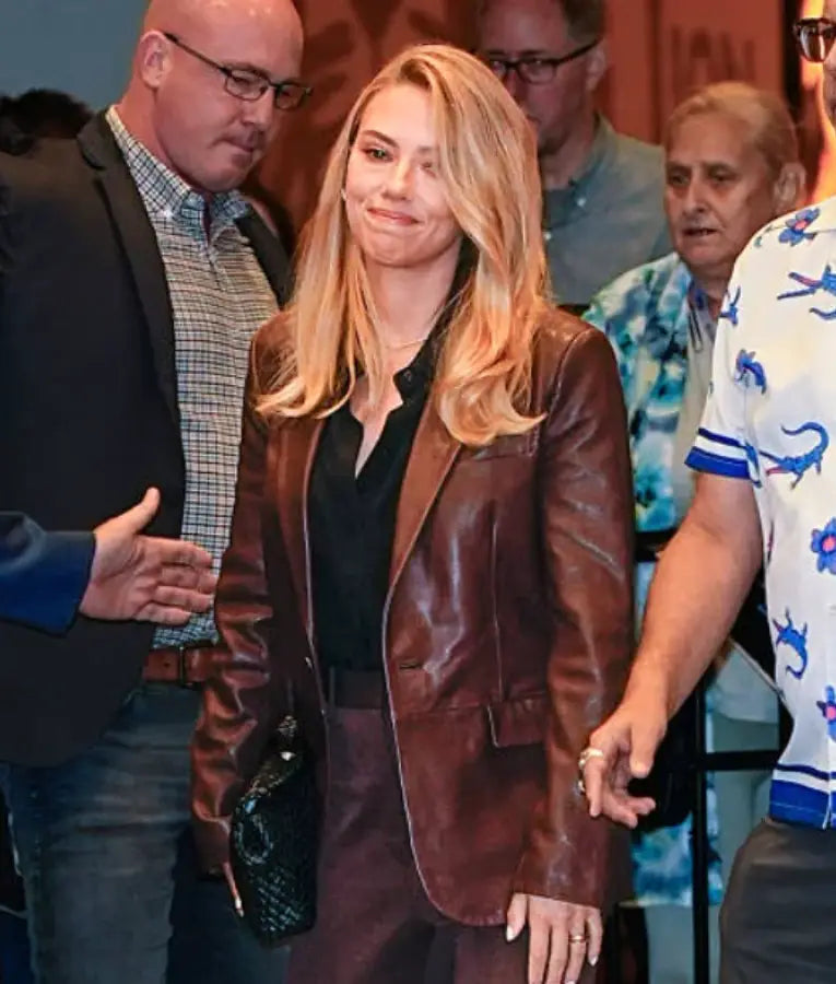 Scarlett Johansson NYC 2025 Brown Leather Blazer