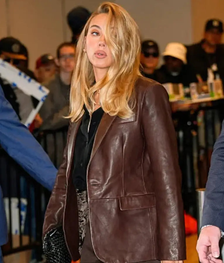 Scarlett Johansson NYC 2025 Brown Leather Blazer