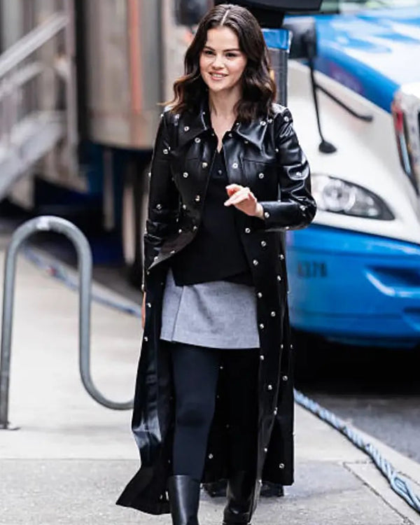 Selena-Gomez-NYC-2025-Black-Leather-Trench-Coat
