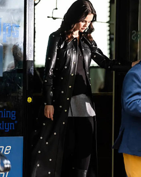 Selena-Gomez-NYC-2025-Silver-Studs-Leather-Trench-Coat
