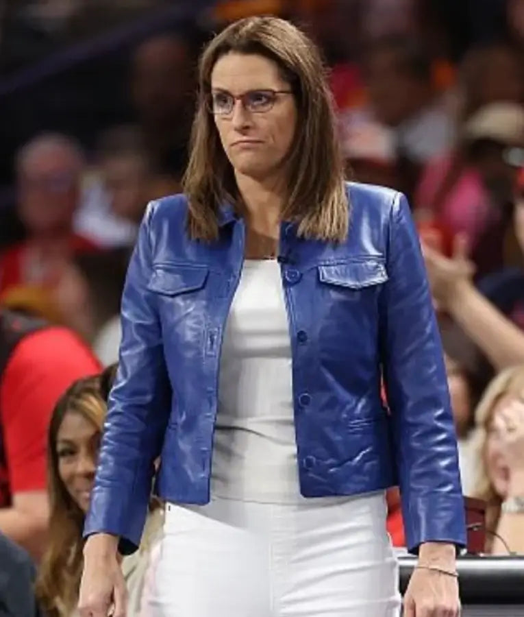 Stephanie White WNBA Playoffs Blue Leather Jacket