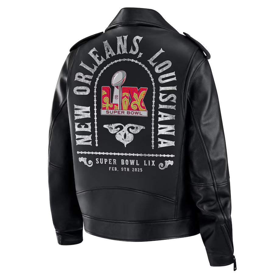 SuperBowlLIXRebeccaMinkoffxWEARbyErinAndrewsBlackFanaticsExclusiveTabithaOversizedLeatherAsymmetricalMotoJacket