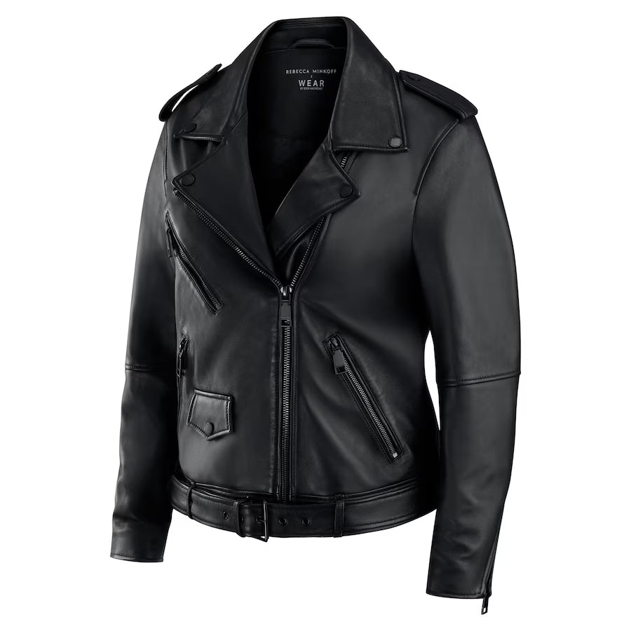 SuperBowlLIXRebeccaMinkoffxWEARbyErinAndrewsBlackFanaticsExclusiveTabithaOversizedLeatherAsymmetricalMotoJackets