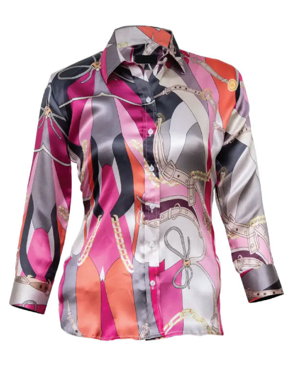 The Talk Natalie Morales Pink Silk Printed Shirt