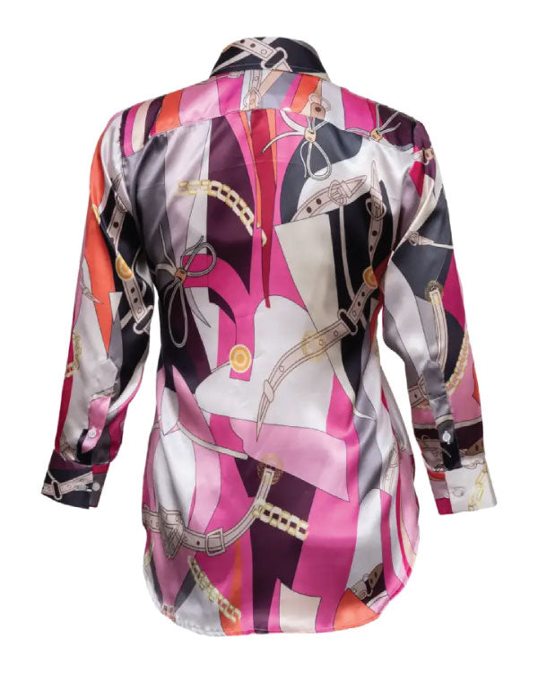 The Talk Natalie Morales Pink Silk Printed Shirt