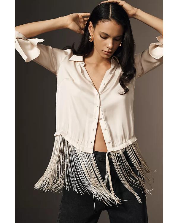 The Today Show 2025 Hoda Kotb White Satin Fringed Shirt