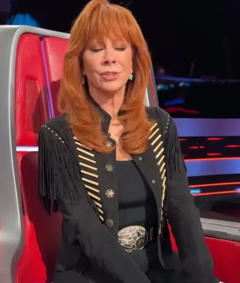 The Voice S28 Reba McEntire Black Leather Fringe Jacket