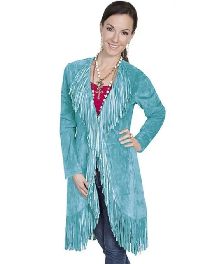 The Voice S28 Reba McEntire Blue Suede Fringe Coat
