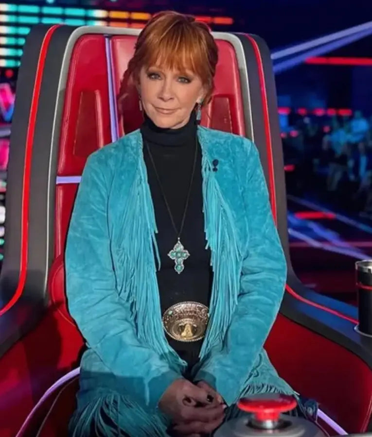 The Voice S28 Reba McEntire Blue Suede Fringe Coat