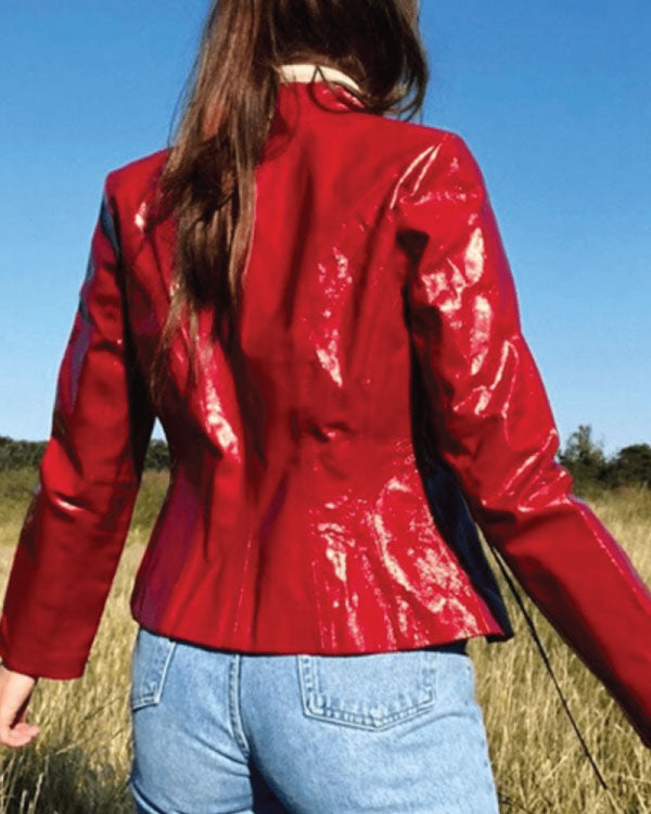Women Red Full Zipper Leather Jacket