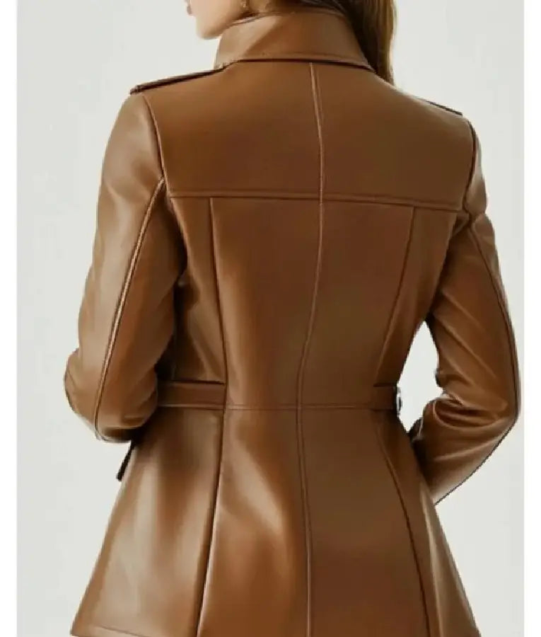 Women Brown Belted Leather Jacket