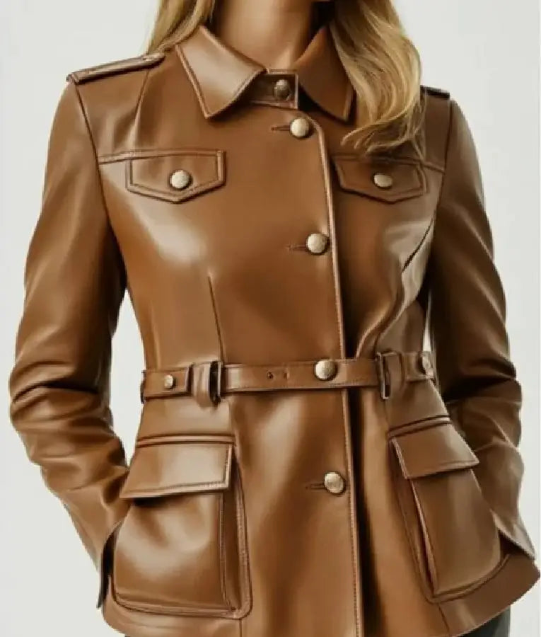 Women Brown Belted Leather Jacket