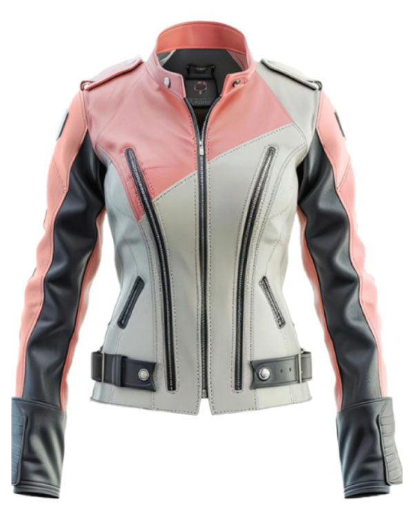 Women’s Ash Grey Pink Leather Bikers Jacket