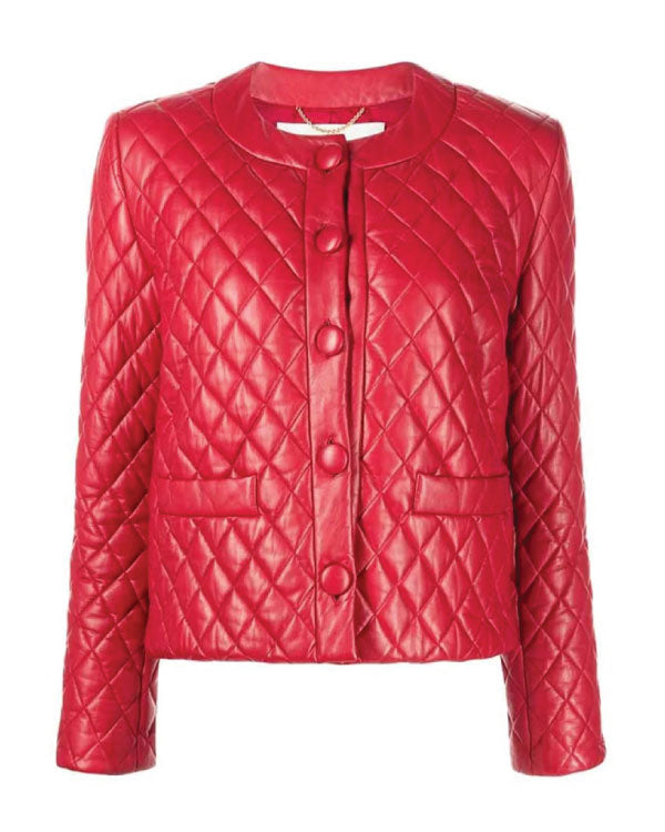 Women’s Collarless Quilted Red Leather Jacket