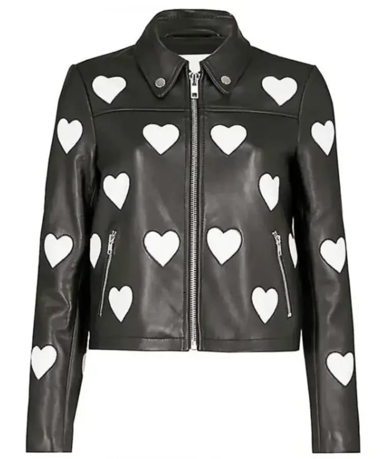 Women’s White Hearts Leather Bikers Jacket