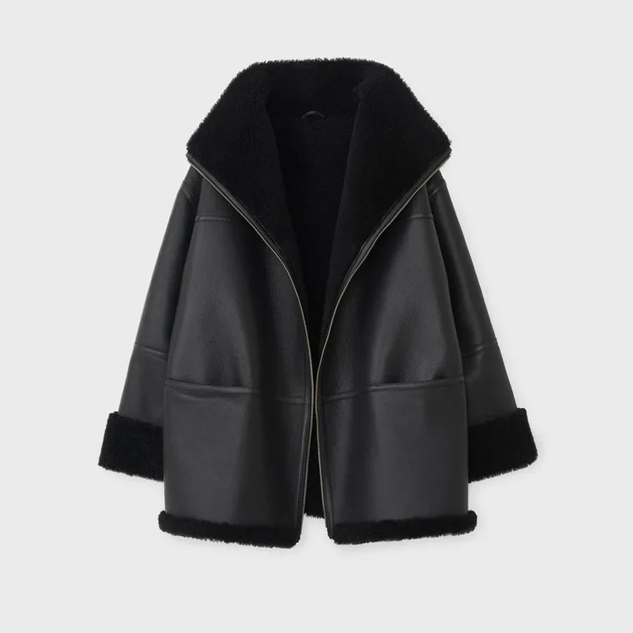 Women B3 RAF Aviator Black Styled Sheepskin Shearling Leather Jacket