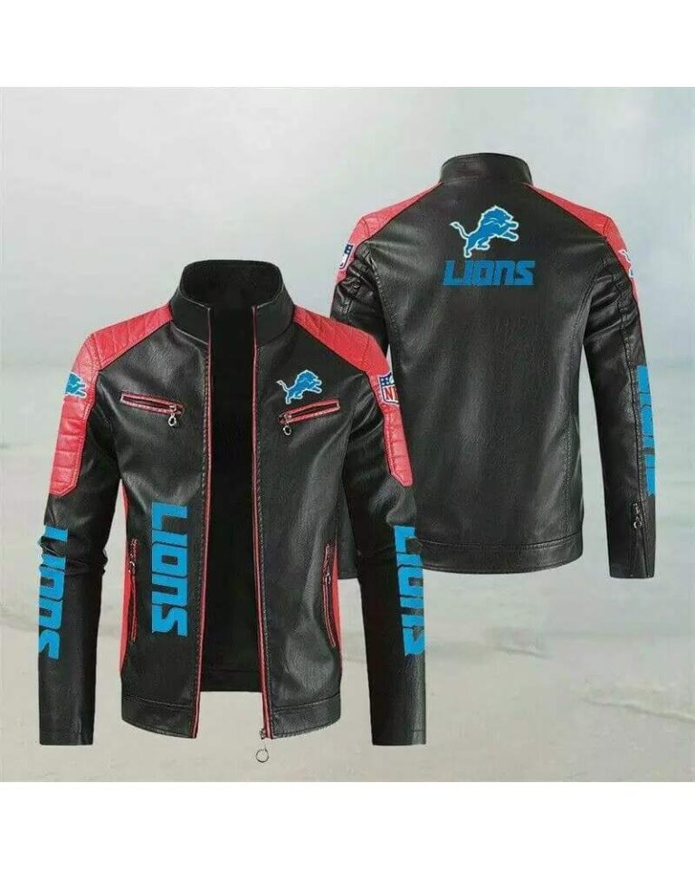 Black Red Detroit Lions Block Leather Jacket