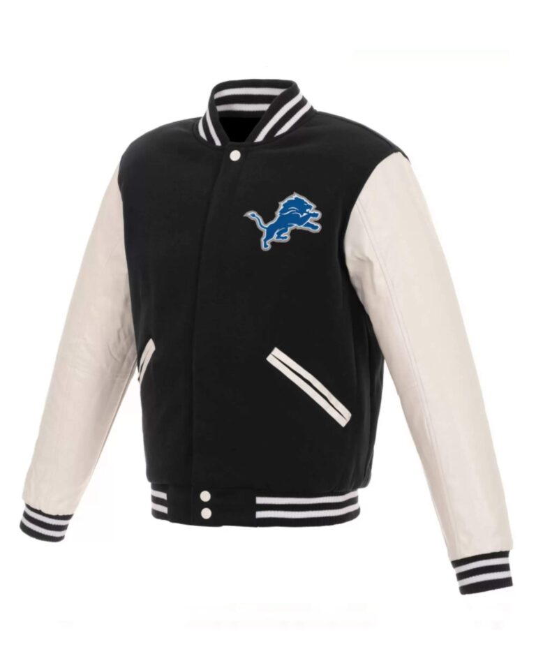 Black White Detroit Lions NFL Team Varsity Jacket