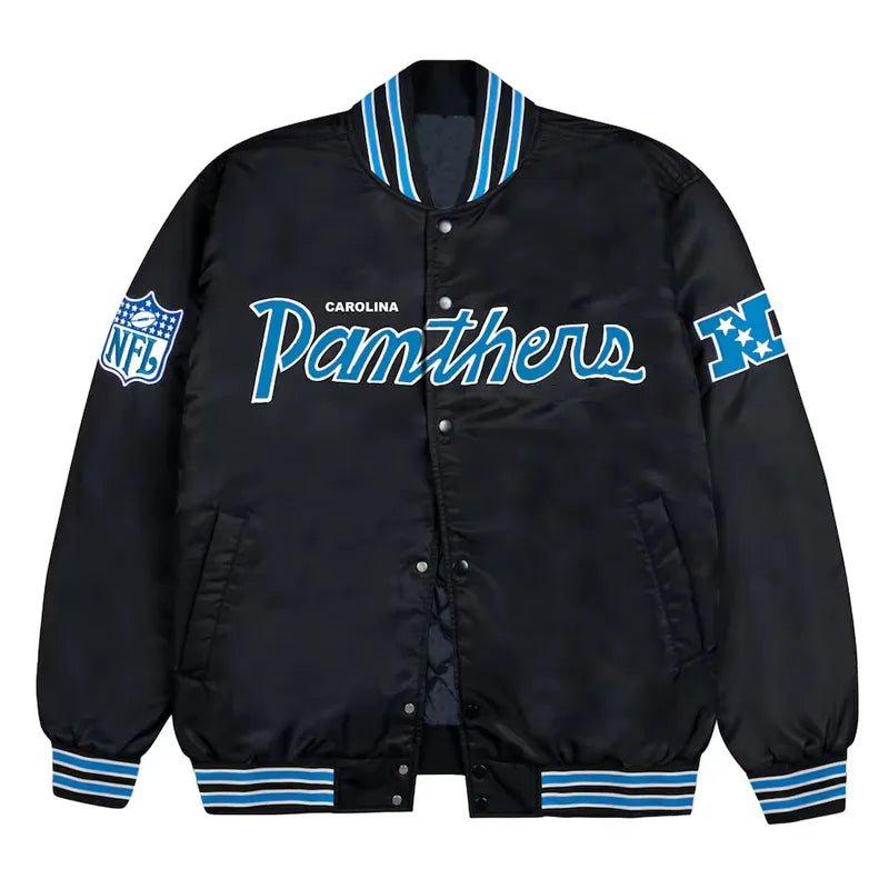 Carolina Panthers Blue Rib Bomber Black Satin Jacket