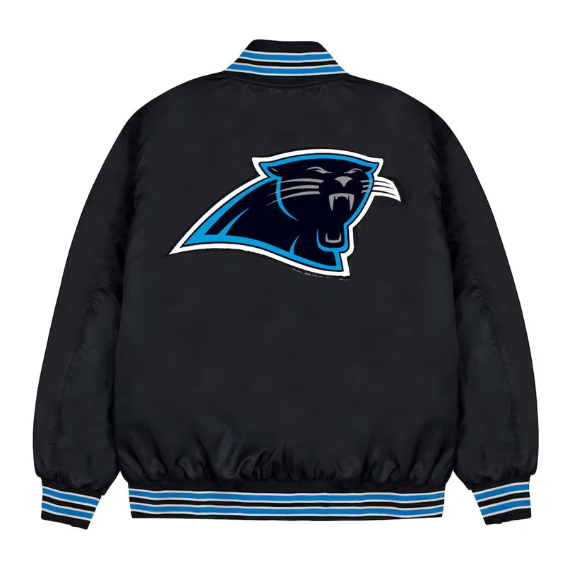 Carolina Panthers Blue Rib Bomber Black Satin Jacket
