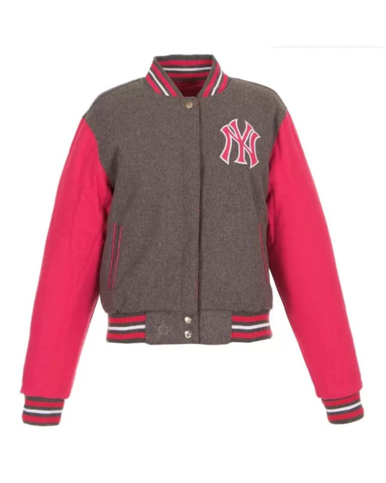 New York Yankees Pink Gray Wool Snap Varsity Jacket