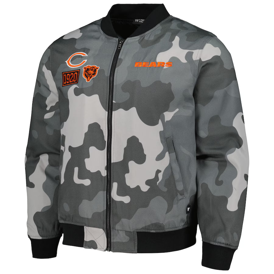 The Wild Collective Gray Chicago Bears Camo Bomber Jacket