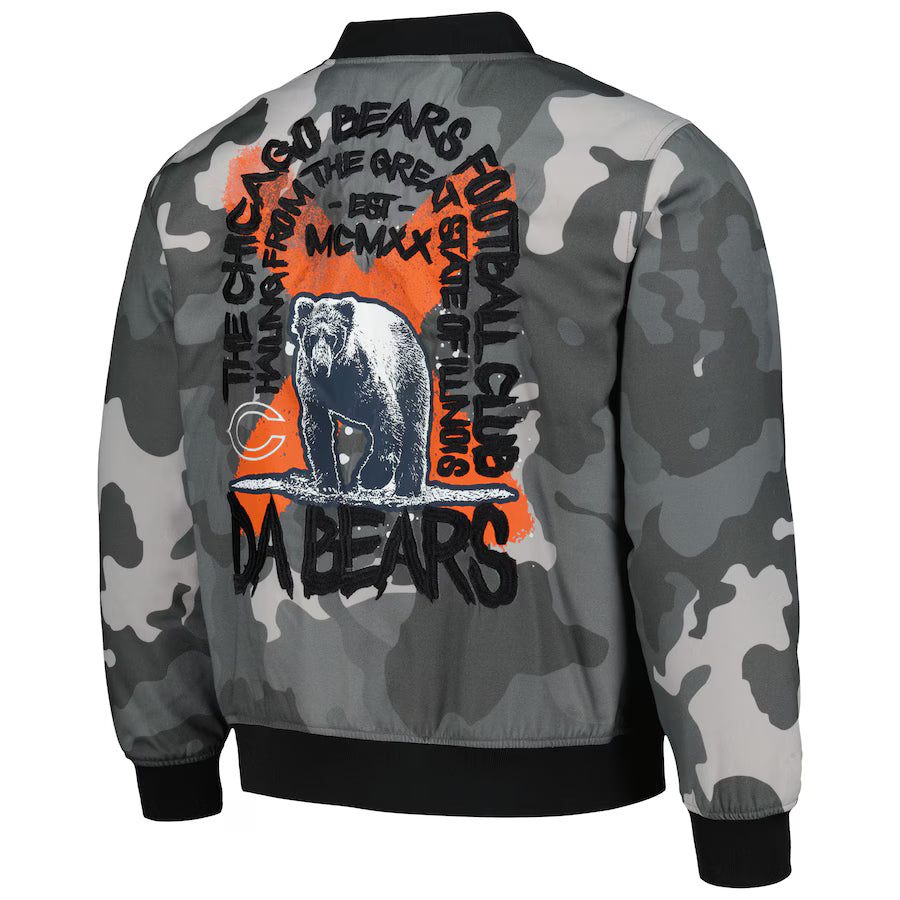 The Wild Collective Gray Chicago Bears Camo Bomber Jacket