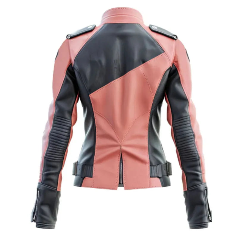 Women’s Peach Pink and Black Biker Leather Jacket